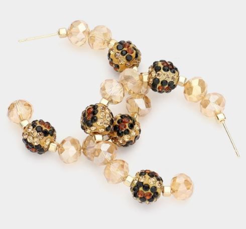 Leopard Patterned Ball Faceted Bead Half Hoop Earrings