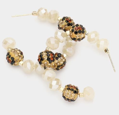 Leopard Patterned Ball Faceted Bead Half Hoop Earrings