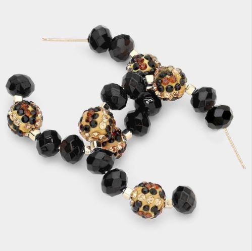 Leopard Patterned Ball Faceted Bead Half Hoop Earrings