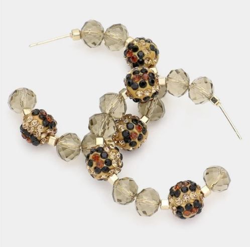 Leopard Patterned Ball Faceted Bead Half Hoop Earrings