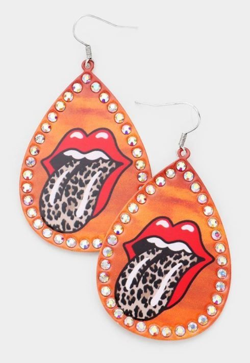 Lip Print Stone Trim Teardrop Earrings
