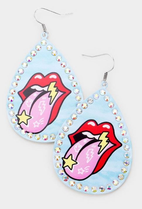 Lip Print Stone Trim Teardrop Earrings