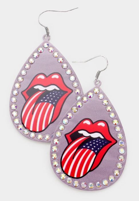 Lip Print Stone Trim Teardrop Earrings
