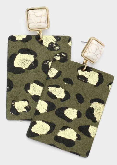 Leopard Patterned Genuine Leather Rectangle Earrings