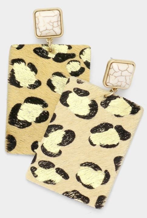 Leopard Patterned Genuine Leather Rectangle Earrings