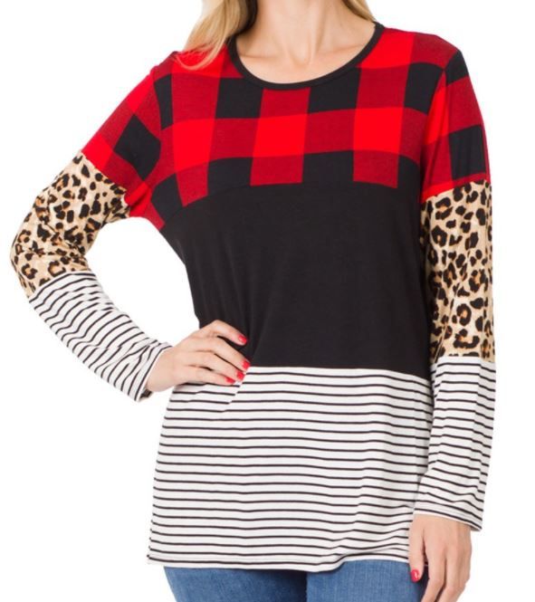 Buffalo Plaid &amp; Leopard Blocked Long Sleeve Top