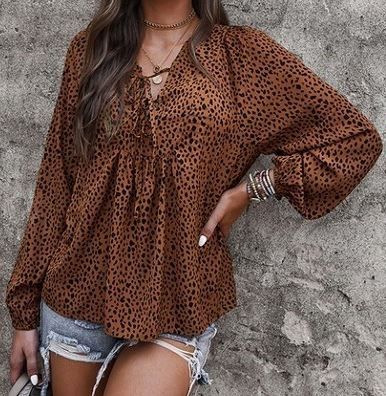 Brown Dalmatian Puffed Sleeve Top