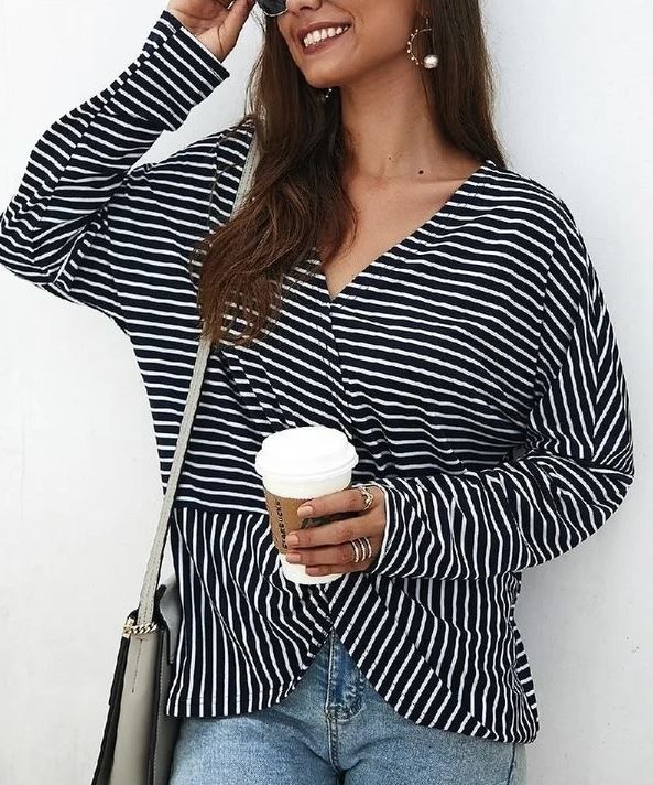 Striped Long Sleeve Twisted Front Knot Top