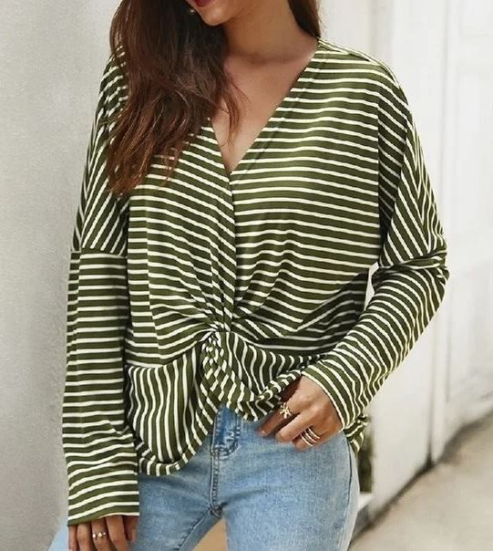 Striped Long Sleeve Twisted Front Knot Top