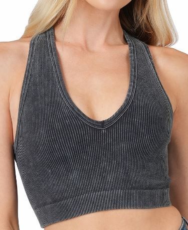 Washed Ribbed V-Neck Cropped Tank Top