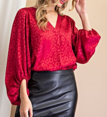 Satin V-Neck Leopard Hint Long Sleeve Top