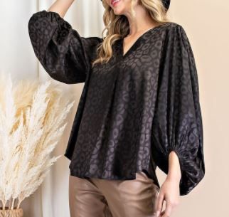 Satin V-Neck Leopard Hint Long Sleeve Top