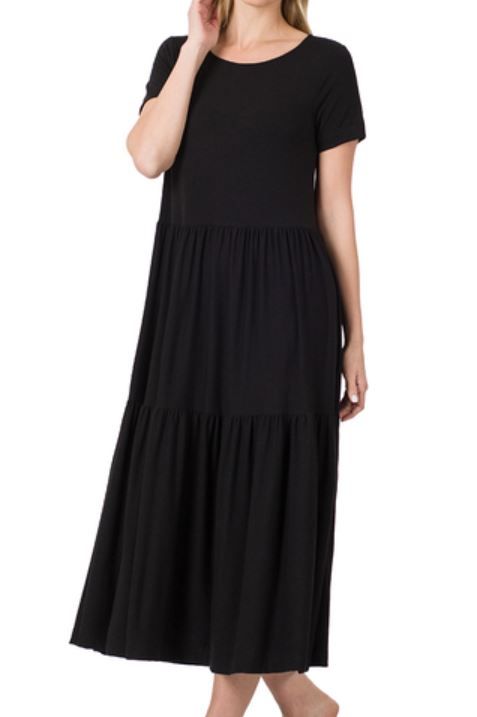 Short Sleeve Tiered Midi Dress