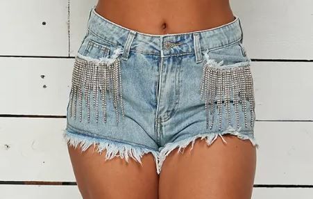 Rhinestone Fringe Trimmed Denim Shorts