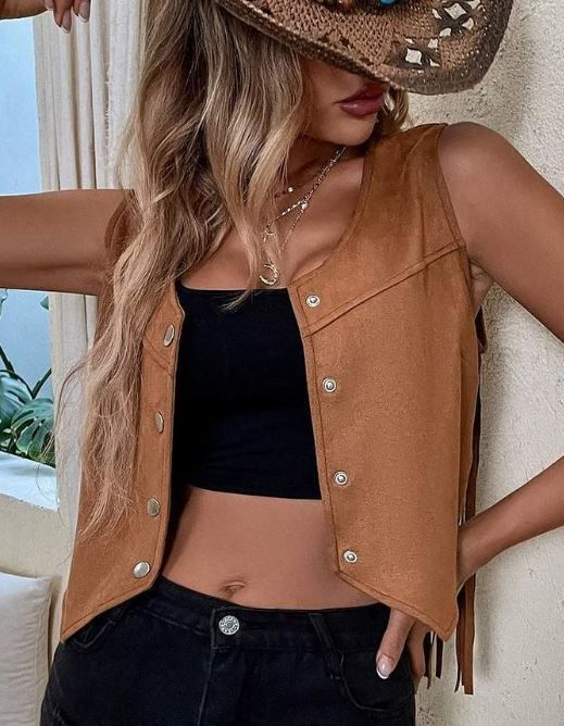 Brown Fringe Suedette Vest Jacket