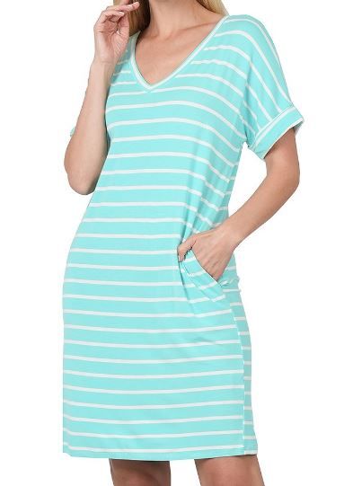 Striped Short Sleeve V-Neck Dress
