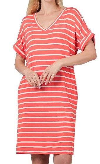 Striped Short Sleeve V-Neck Dress