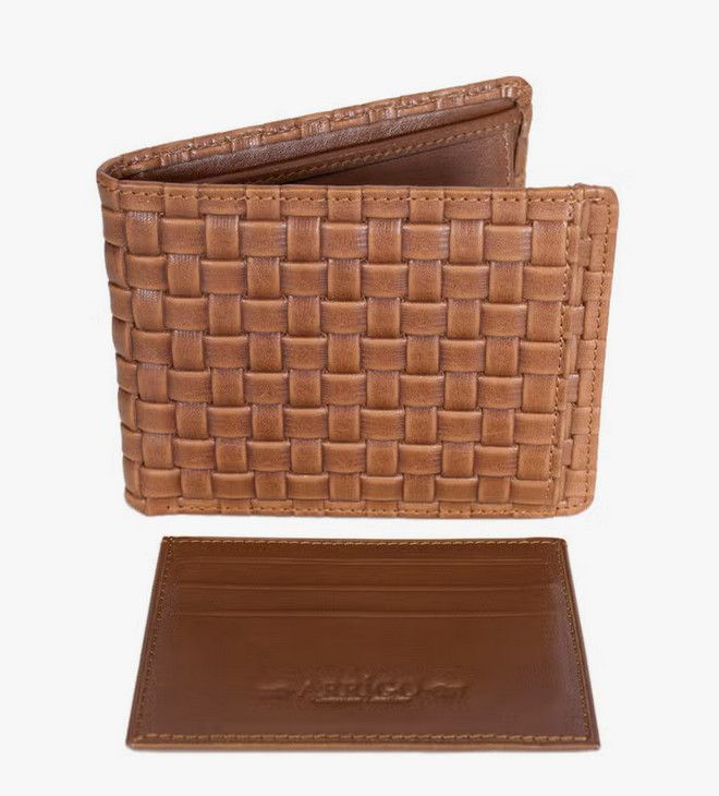 Men's Braided Leather Wallet, Color: Cognac