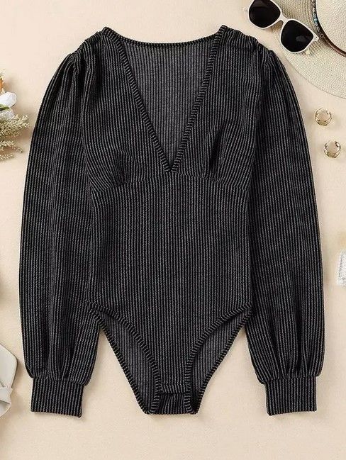 Deep V-Neck Bubble Sleeves Grey Bodysuit