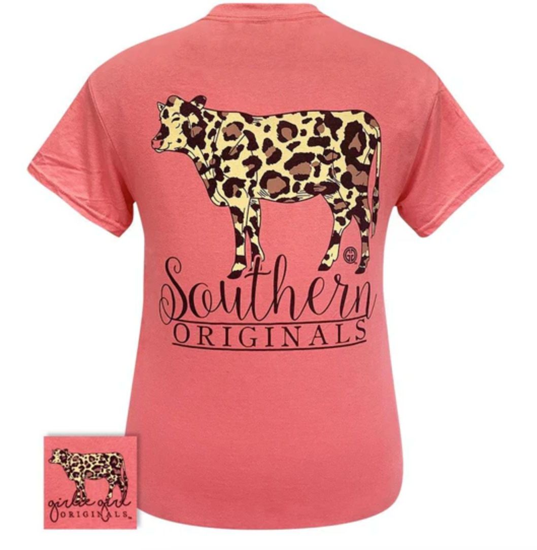 Youth Leopard Print Cow Tee Coral