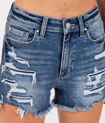 Women's High Rise Stretch Patched Shorts w/ Frayed Hem