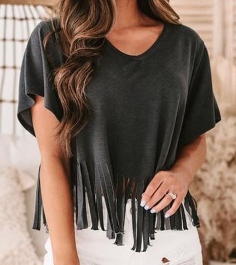Black Fringe Hem V-Neck Shirt