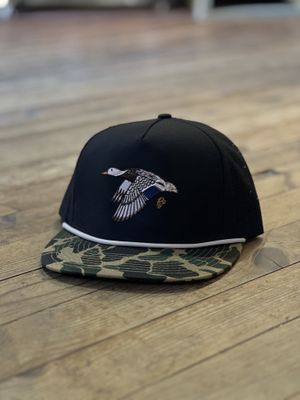 Flying Mallard Hen Black Old School Camo Bill Rope PGS Hat