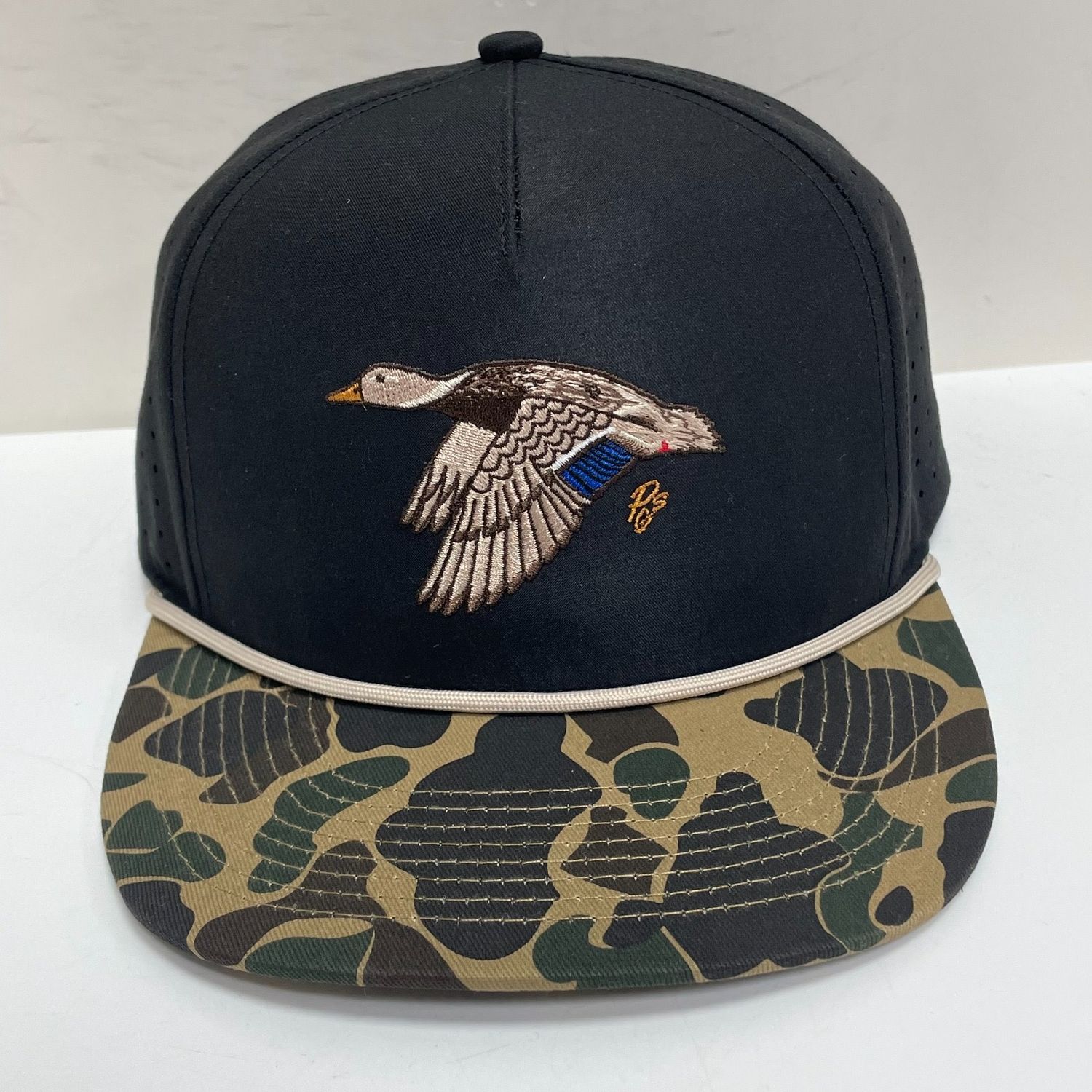 Flying Mallard Hen Black Old School Camo Bill Rope PGS Hat