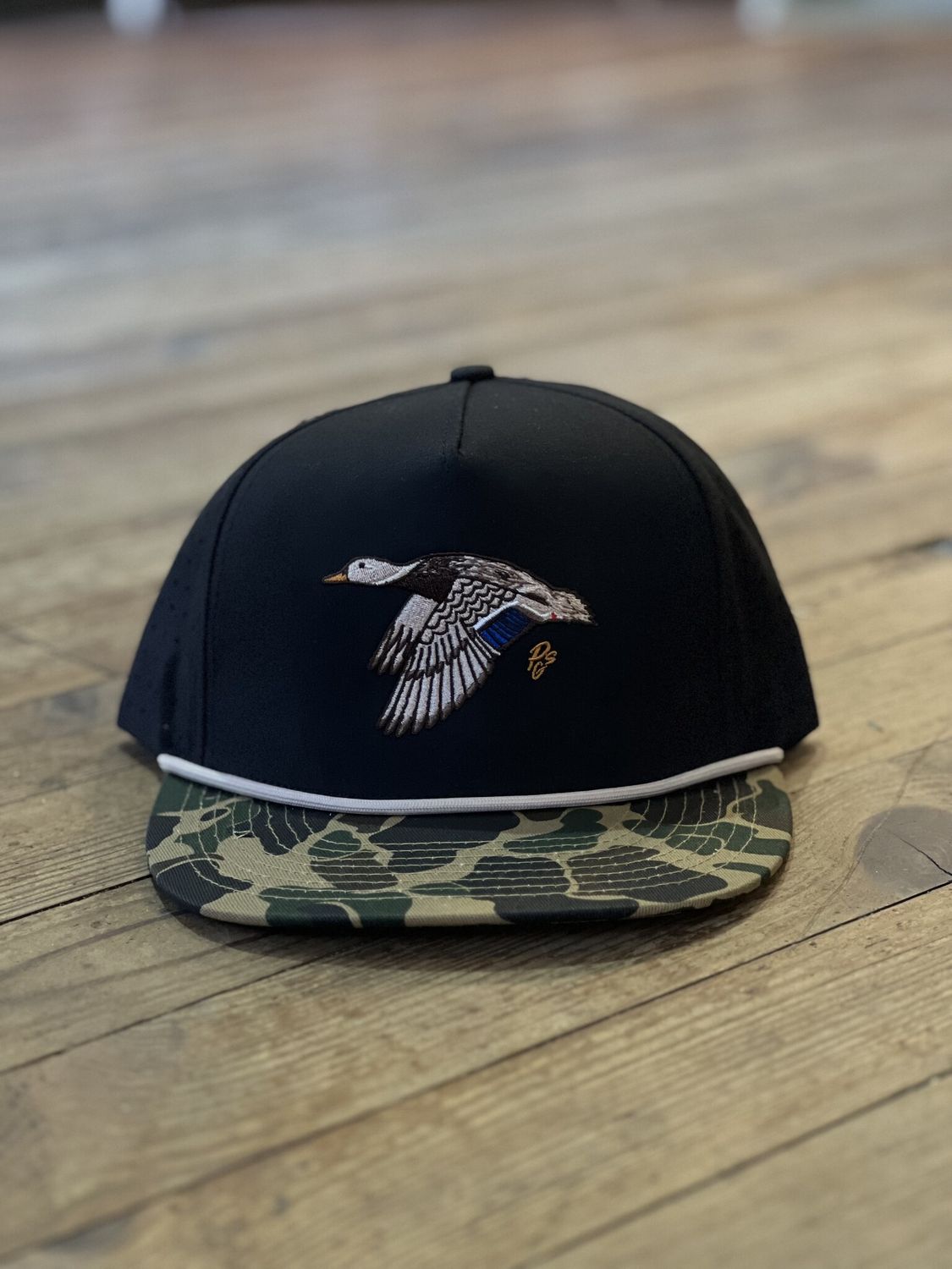 Flying Mallard Hen Black Old School Camo Bill Rope PGS Hat