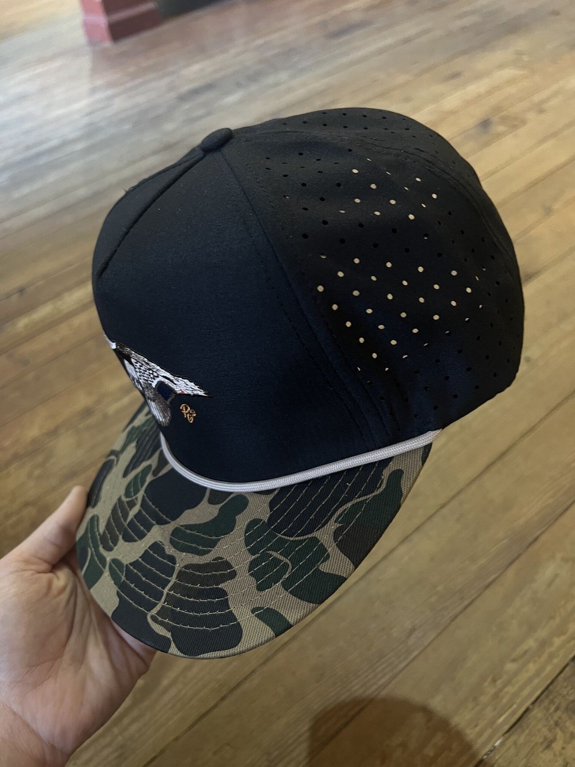 Flying Mallard Hen Black Old School Camo Bill Rope PGS Hat