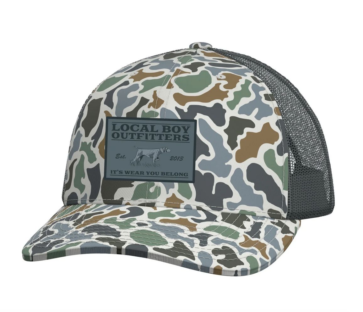Local Boy Bird Dog Badge Trucker Hat Localflage Bluff