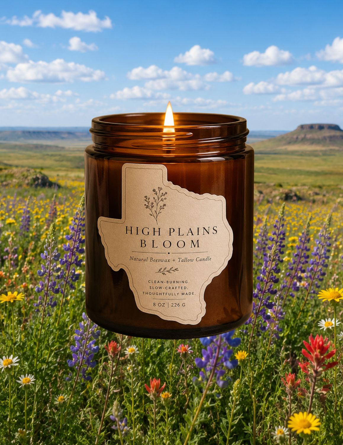 Lit amber glass candle labeled “High Plains Bloom” centered in a blooming wildflower field under a bright blue sky