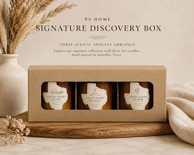 Three amber PS Home candles on a cream blanket, featuring High Plains Bloom, Palo Duro Sunset, and South Padre Glow, packaged