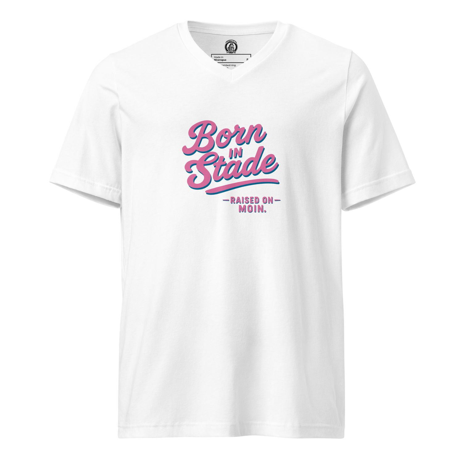 Born in Stade - Print in Columbine Pink (Unisex-T-Shirt mit V-Ausschnitt) Born in Stade - Print in Columbine Pink (Unisex-T-Shirt mit V-Ausschnitt), Größe: M
