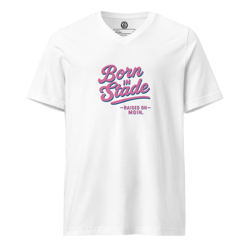 Born in Stade - Print in Columbine Pink (Unisex-T-Shirt mit V-Ausschnitt)
