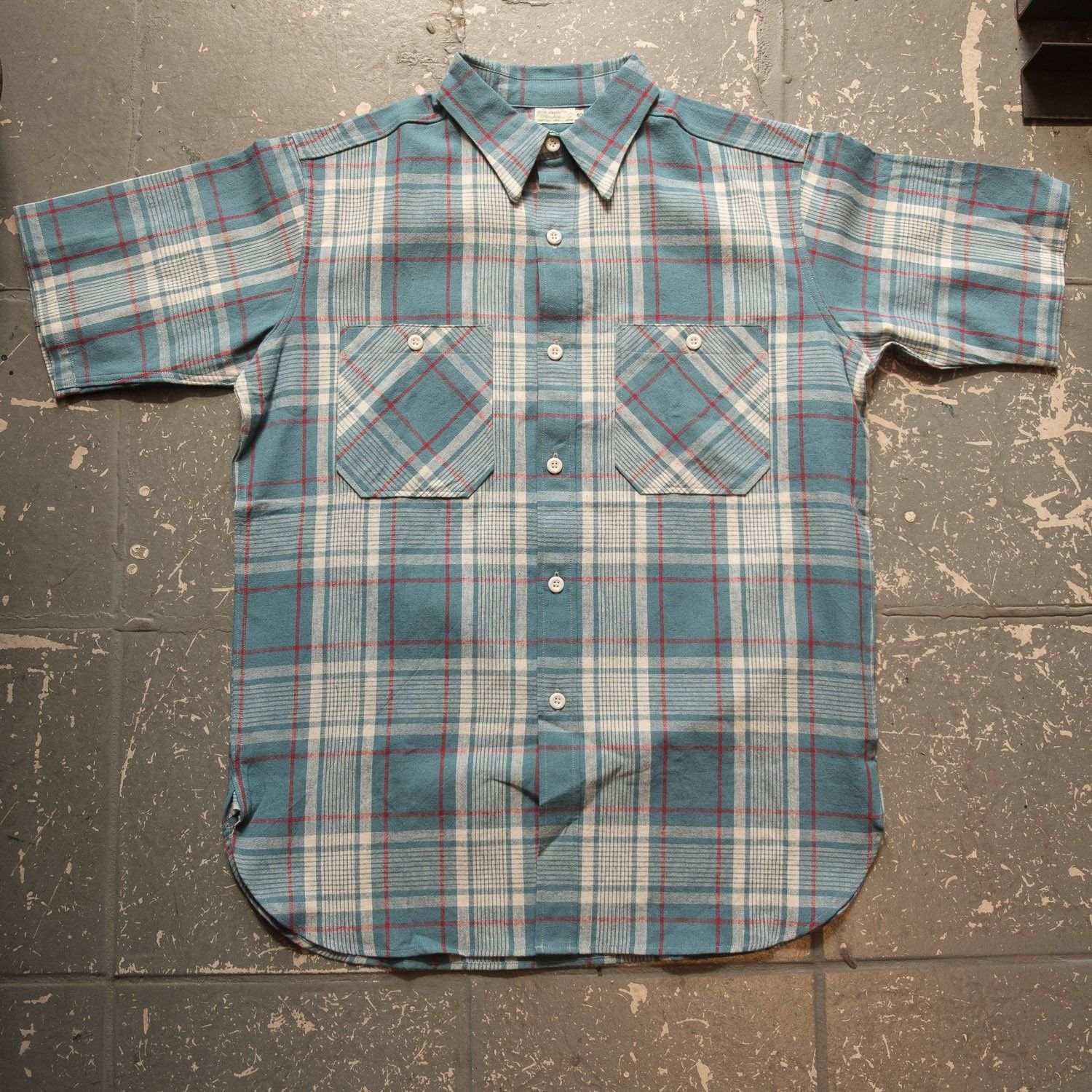 Warehouse Short Sleeve Shirt Large Check Pattern in Sax, Size: 40