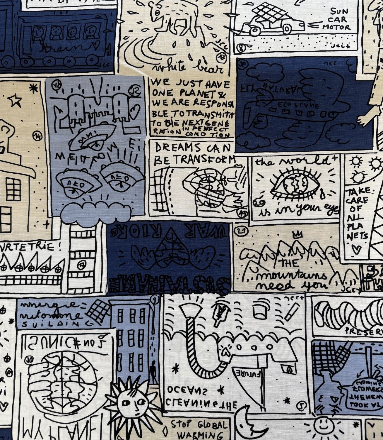 Abstract Sketch Rayon Linen Print Navy 58/60"