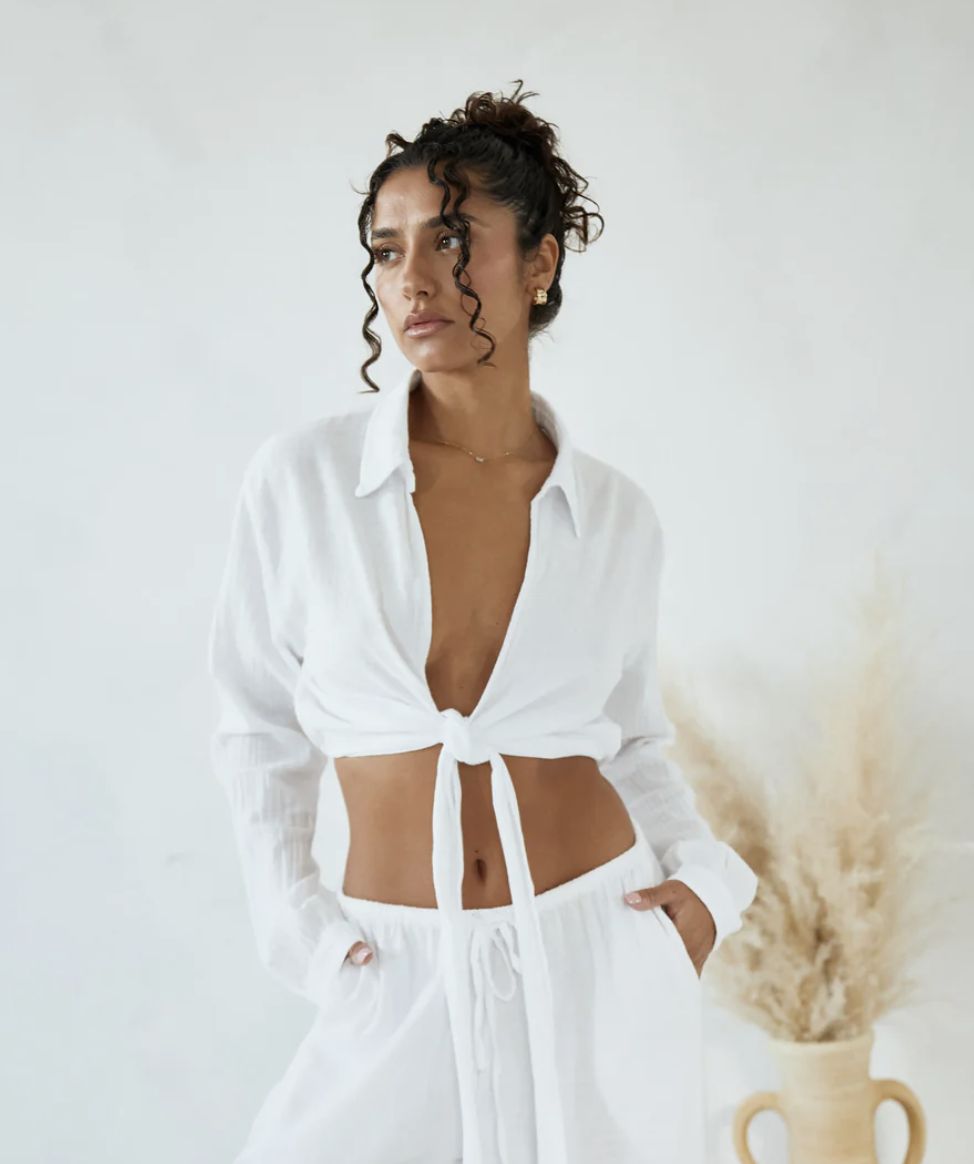 ZAYA Collared Tie Front Cover Up Top, Colour: White, Size: Small