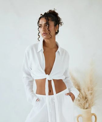 Blanco by Nature ZAYA Collared Tie Front Cover Up Top