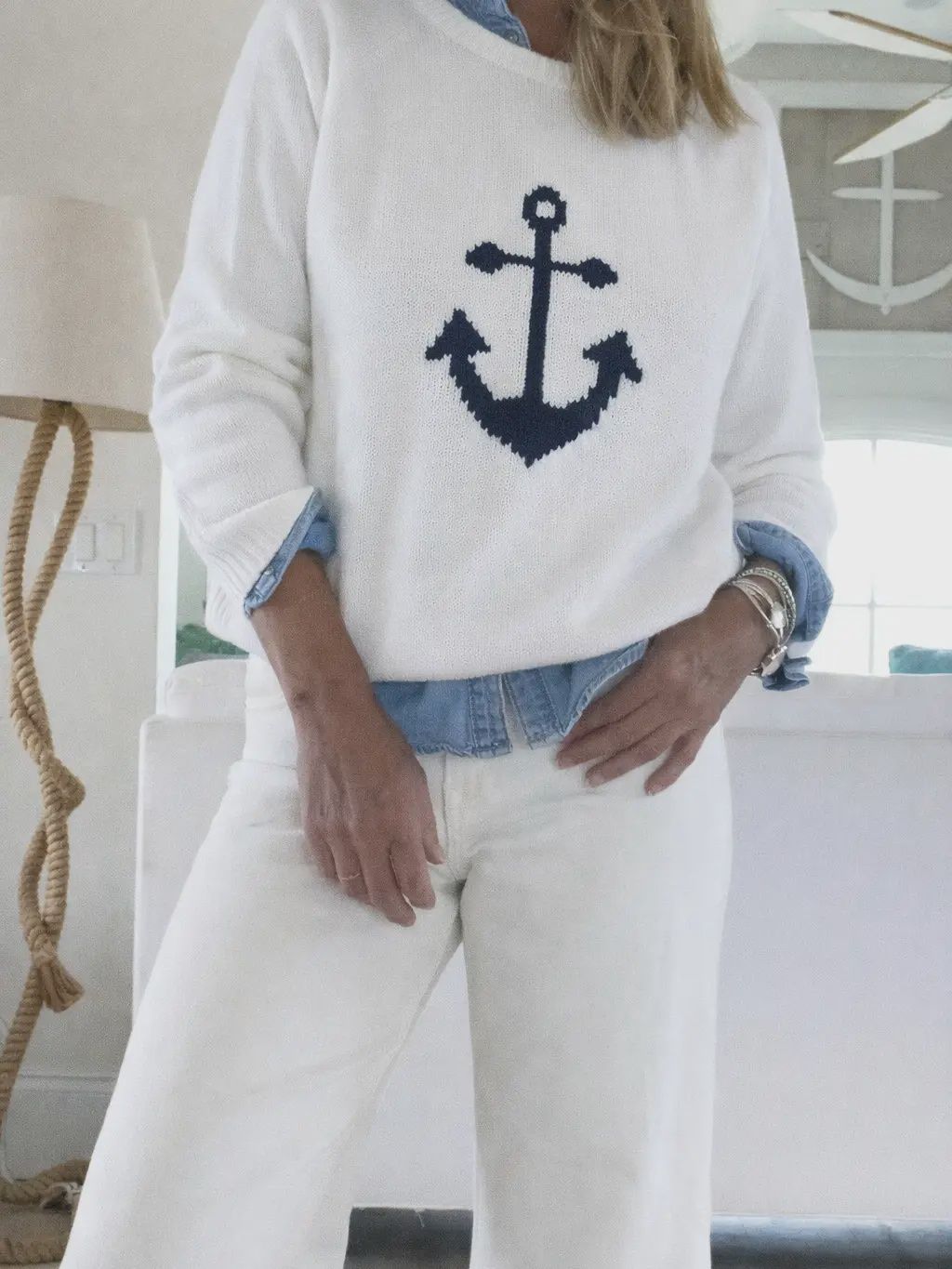 Chunky Campus Anchor Sweater in White