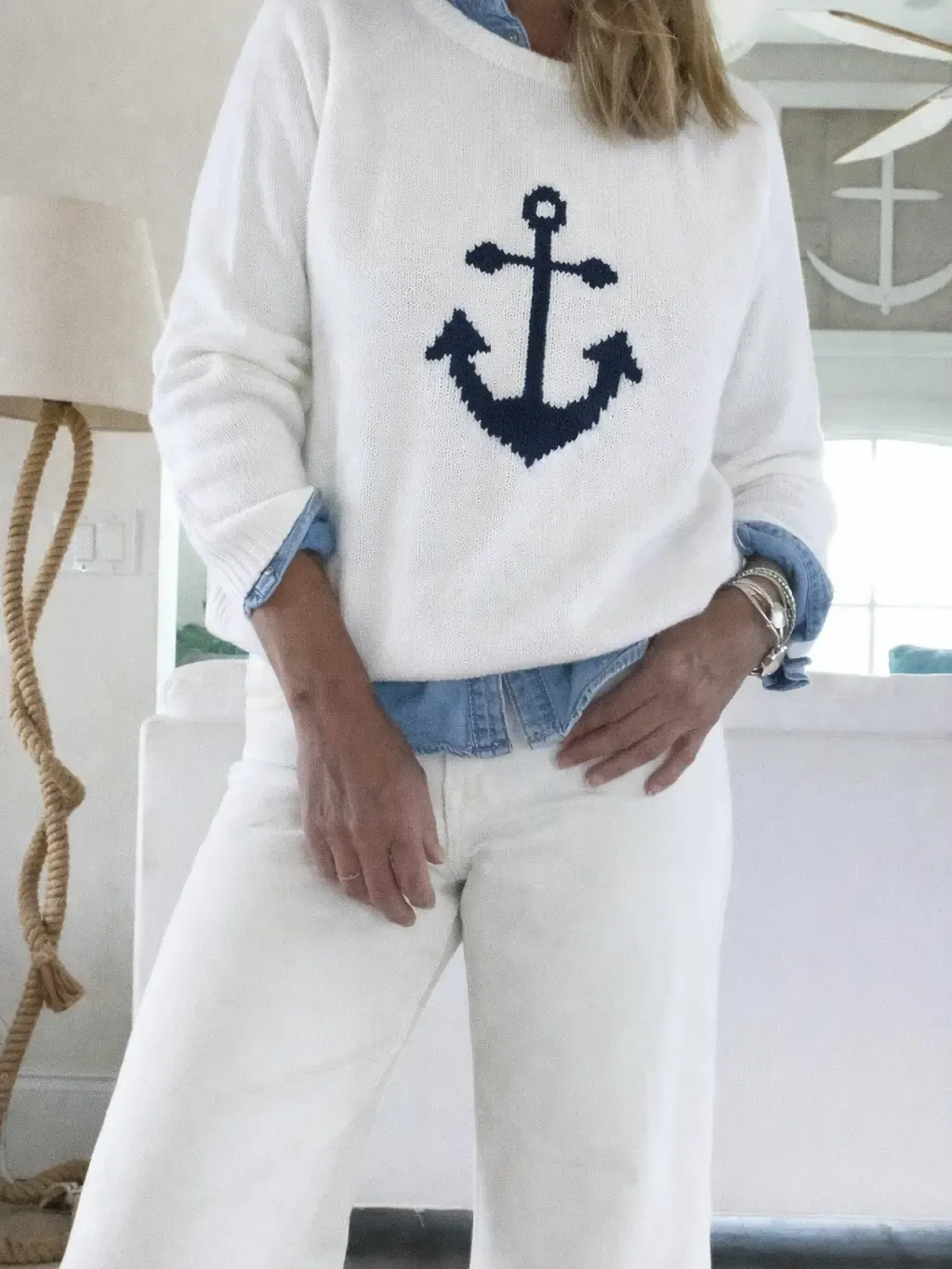 Pink Pineapple Chunky Campus Anchor Sweater in White