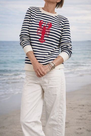 Classic Striped Lobster Cotton Sweater in Navy/Ivory