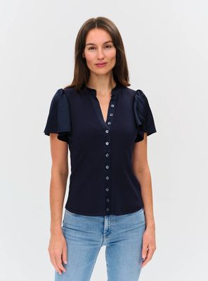 Six/Fifty Maren Ribbed Button Down Flutter Sleeve