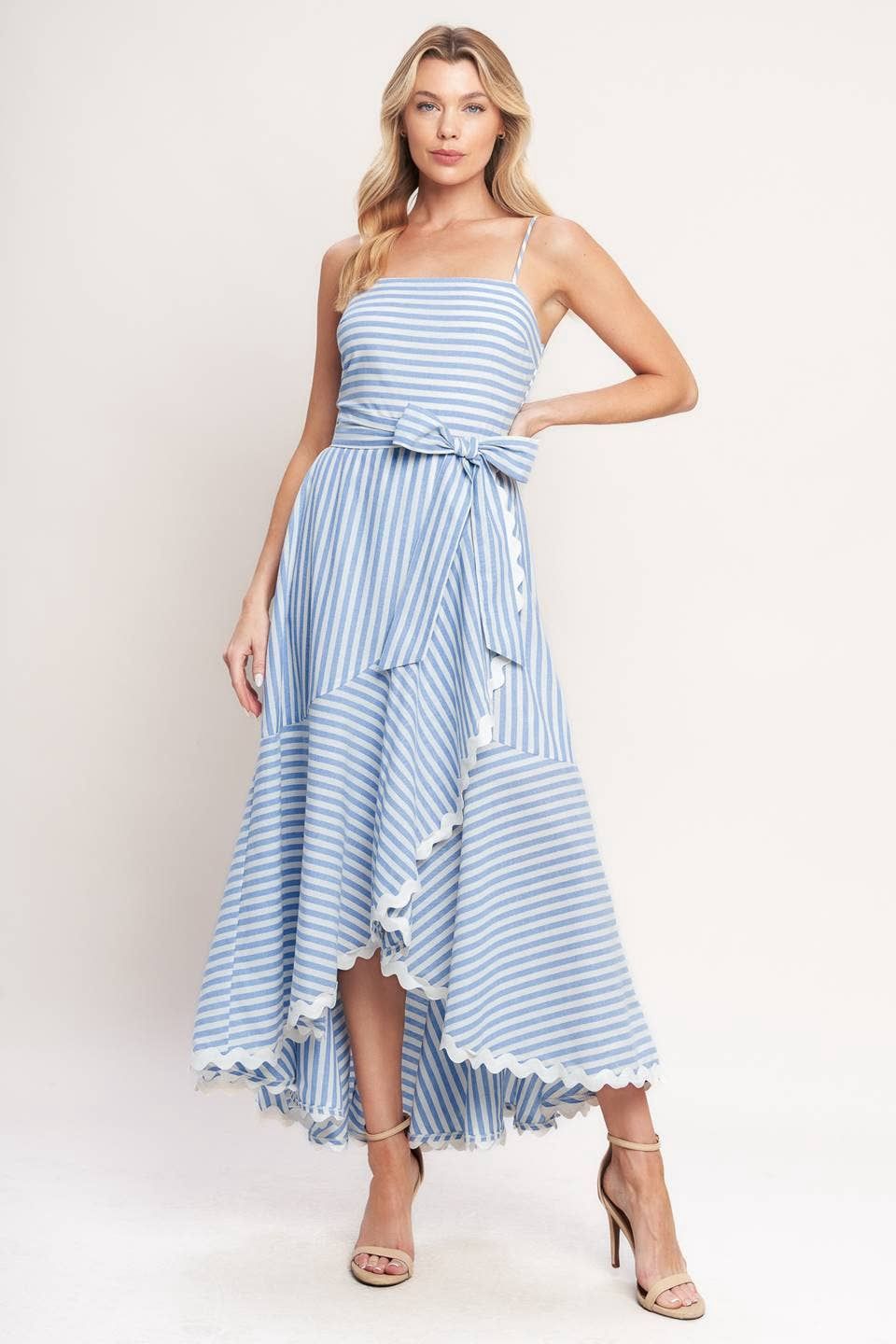 Striped Woven Midi Dress, Color: WHITE BLUE, Fit: Contemporary, Size: L