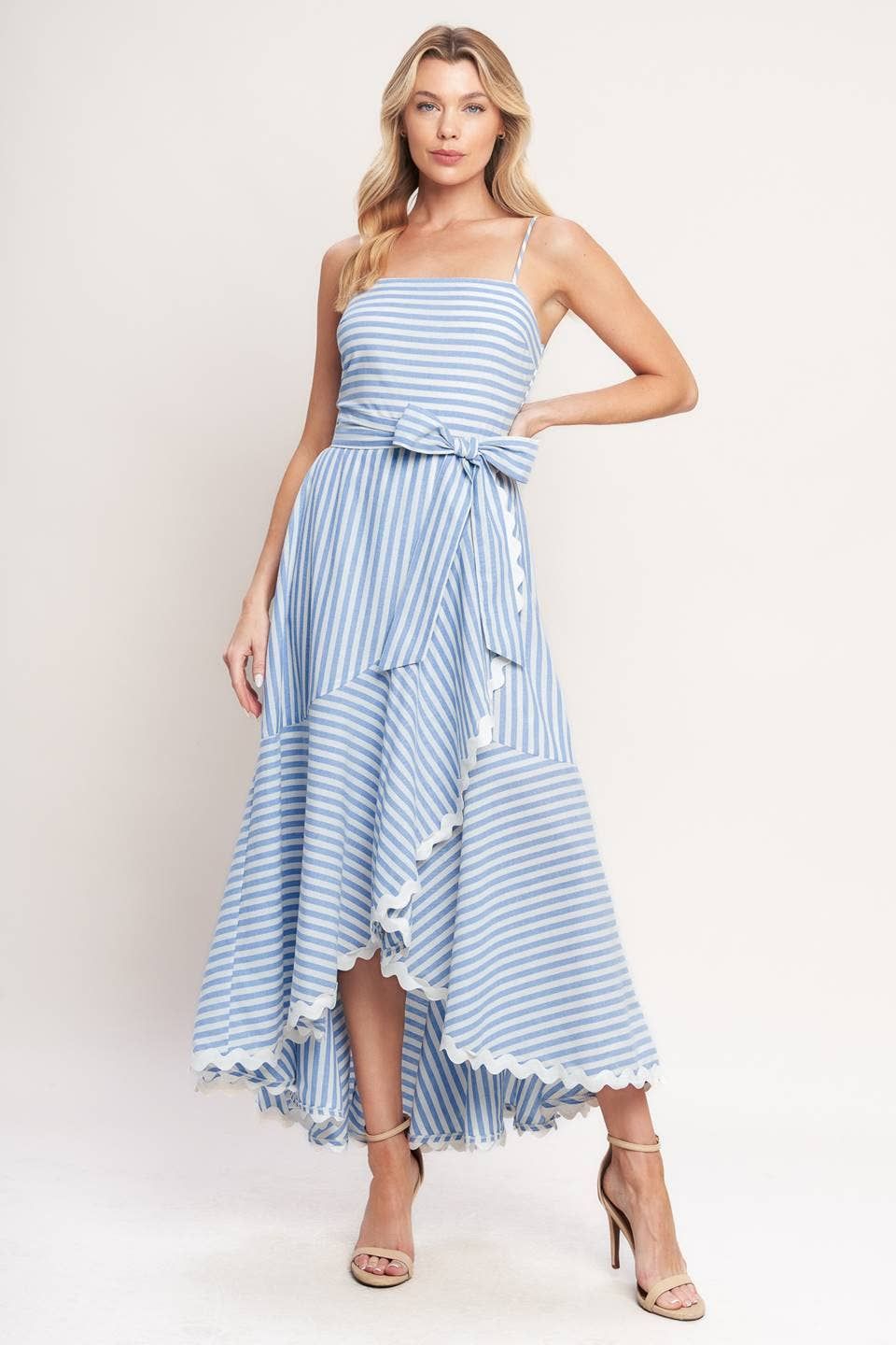 Flying Tomato Striped Woven Midi Dress, Color: WHITE BLUE, Fit: Contemporary, Size: L