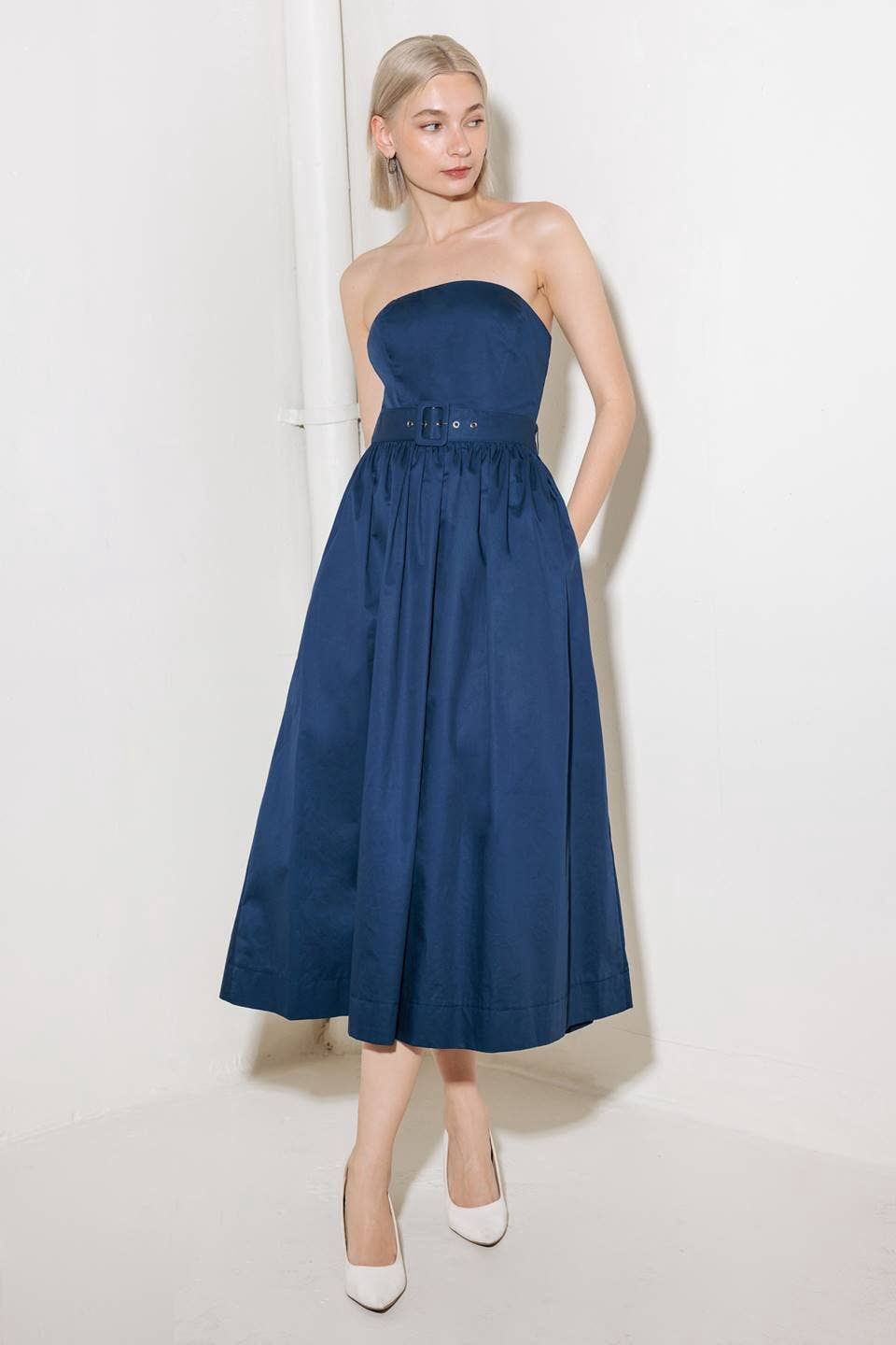 Solid Woven Midi Dress, Color: NAVY, Fit: Contemporary, Size: M