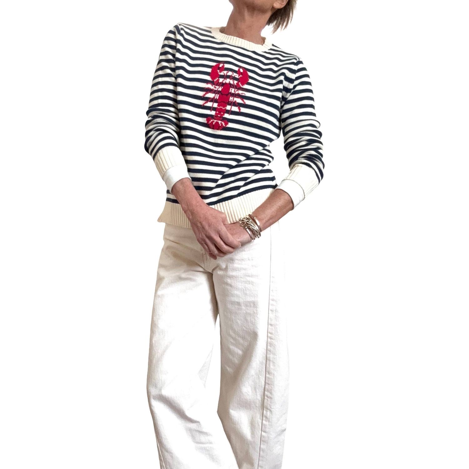 Classic Striped Lobster Cotton Sweater in Navy/Ivory(1)