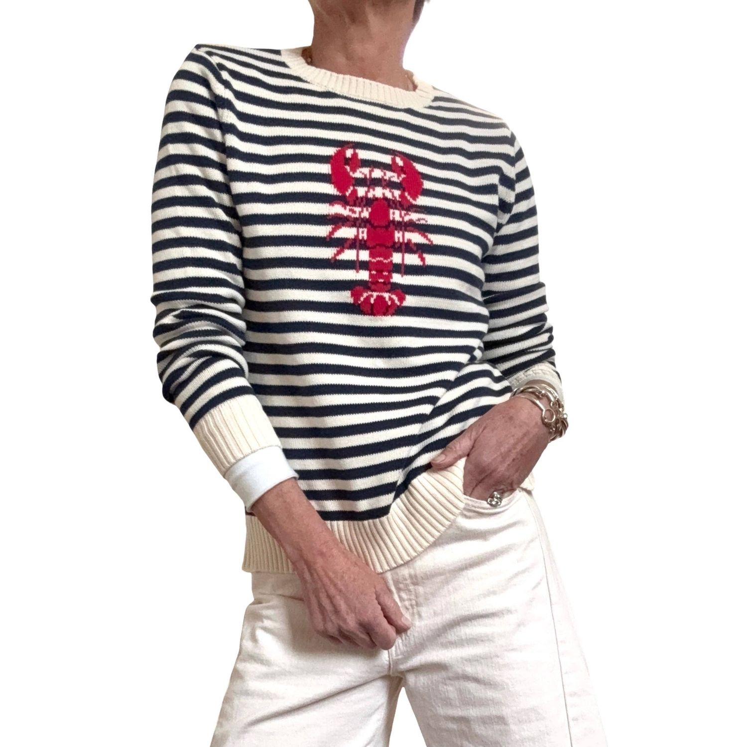 Classic Striped Lobster Cotton Sweater in Navy/Ivory(1)