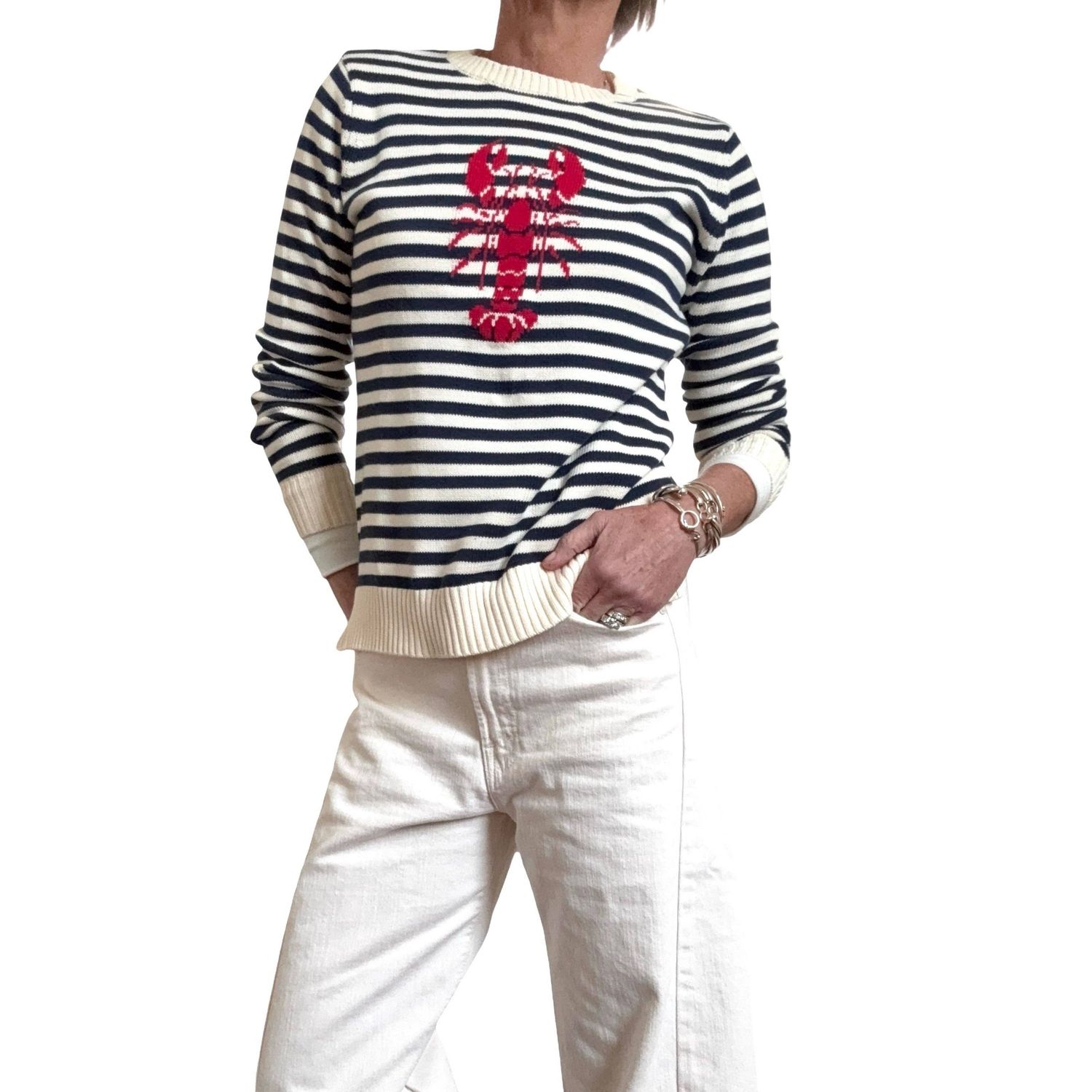 Classic Striped Lobster Cotton Sweater in Navy/Ivory(1)