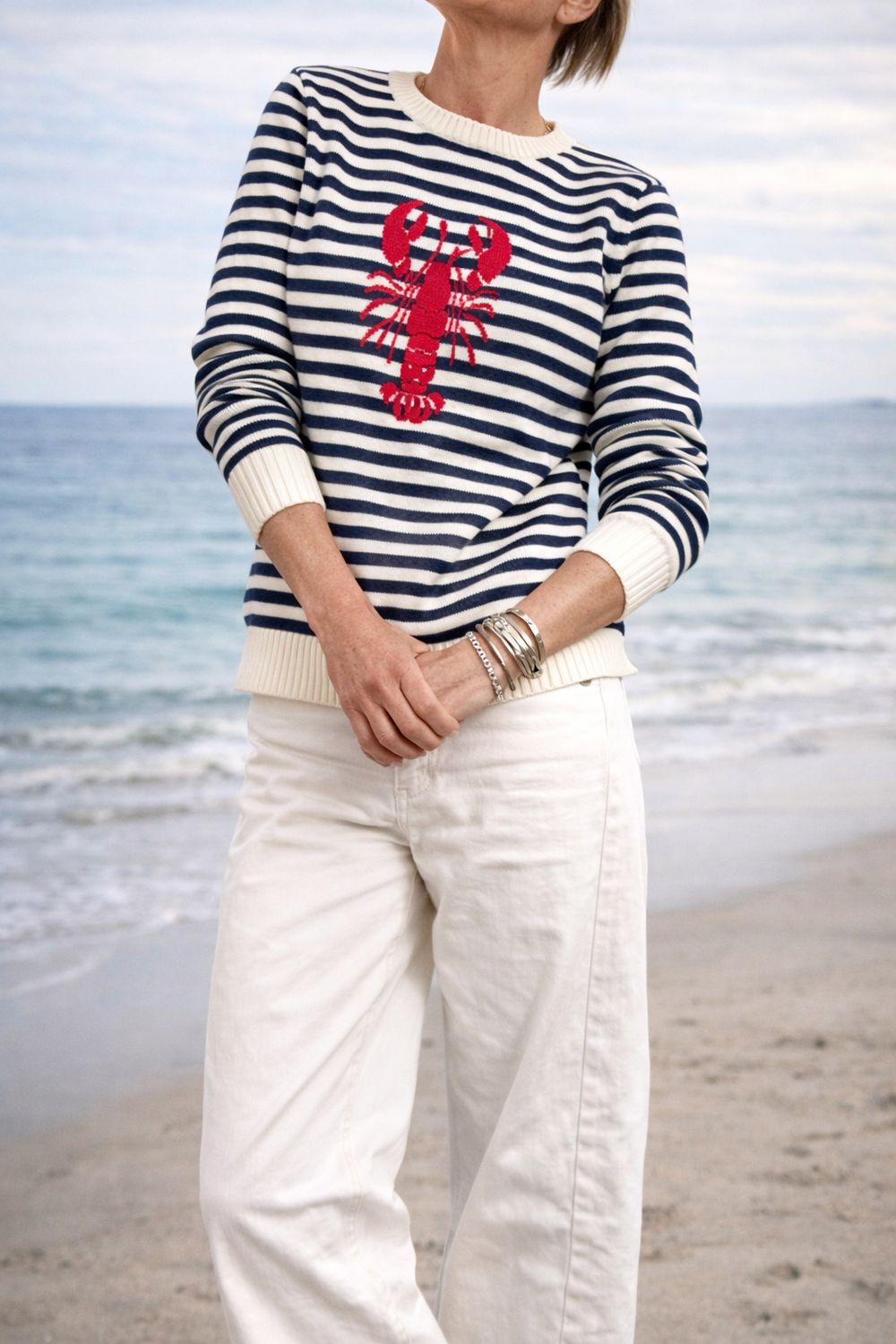 Classic Striped Lobster Cotton Sweater in Navy/Ivory(1)